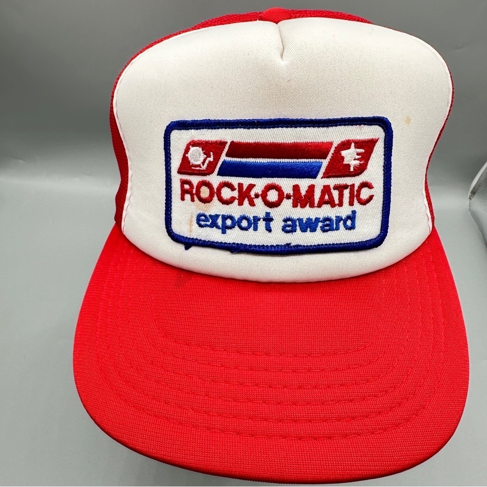 Vintage ROCK-O-MATIC Trucker Hat – Export Award Red & White Mesh Cap Unisex